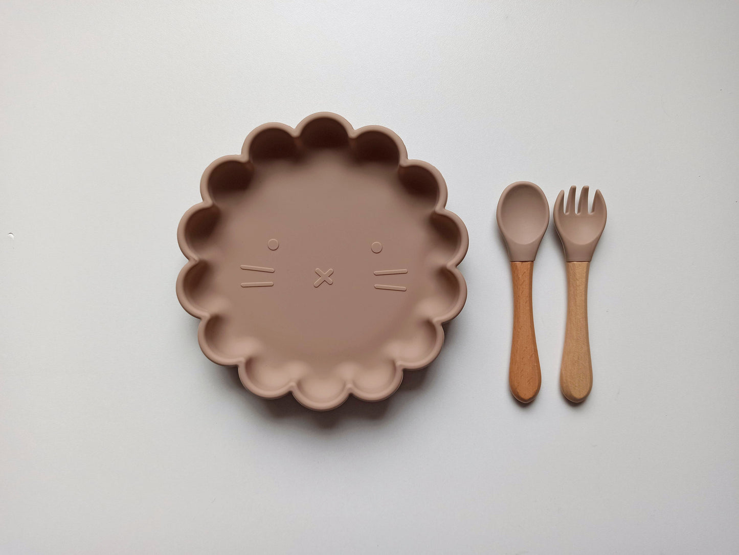 Set repas bébé Fleur et couverts personnalisés Taupe