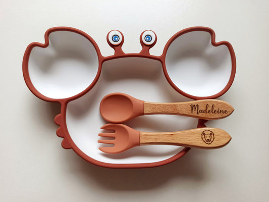 Set repas bébé Crabe terracotta et couverts personnalisés